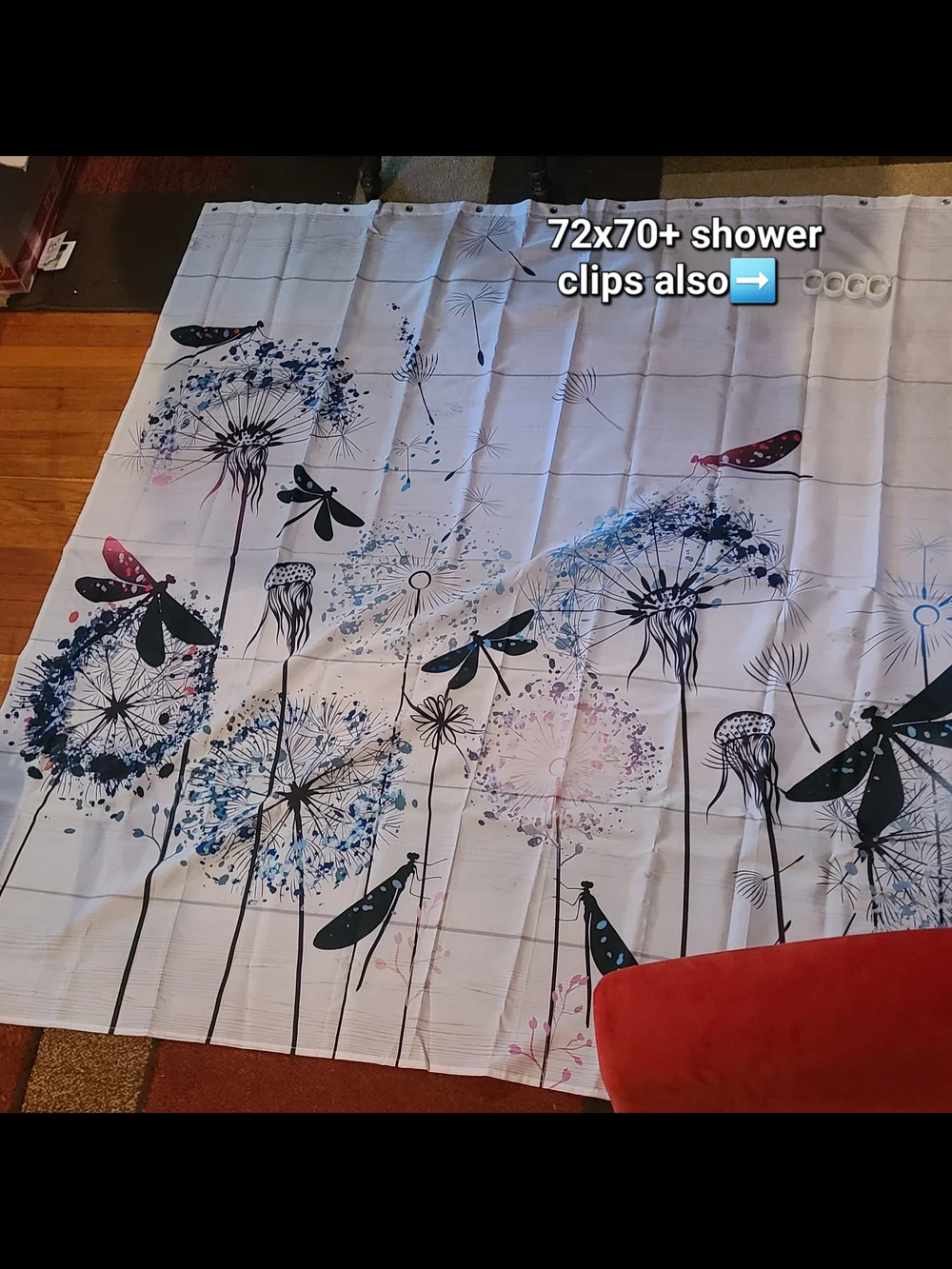 Floral Dandelion & Dragonfly Shower Curtain in White and Blue